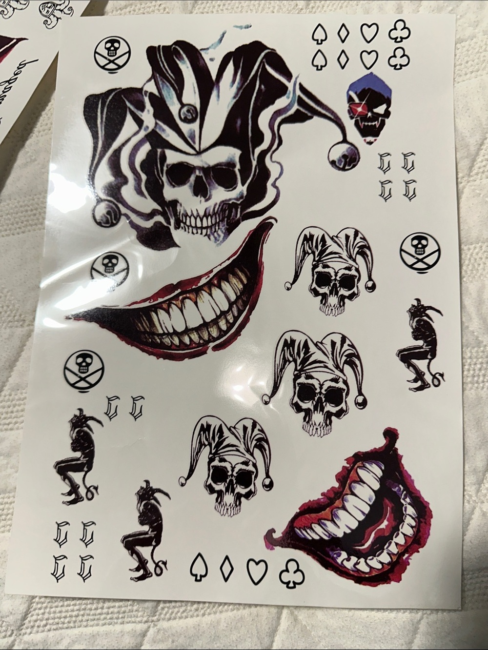 Jester Skull & Grinning Mouth Temporary tattoo Sheet - Black, White, Red
